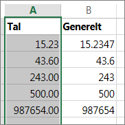 eksempel på hvordan tal vises med forskellige formater som Tal og Generelt.