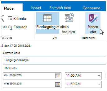 Skærmbillede af knappen OneNote-mødenoter i Outlook.