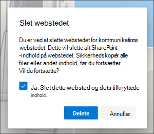 Bekræftelse af sletning af websted