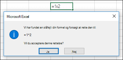 Meddelelsesfelt, hvor du bliver bedt om at erstatte x med * i forbindelse med multiplikation