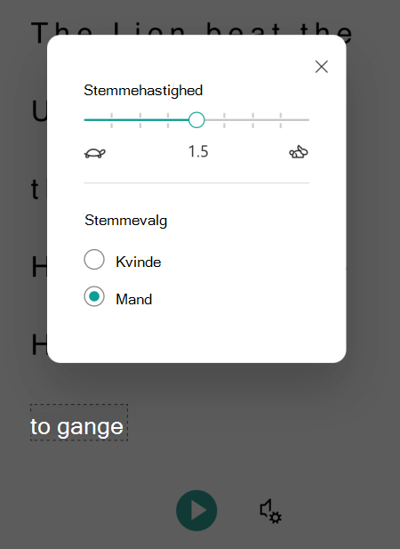 Dialogboksen Stemmeindstillinger i Forenklet læser til Microsoft Lens til iOS.