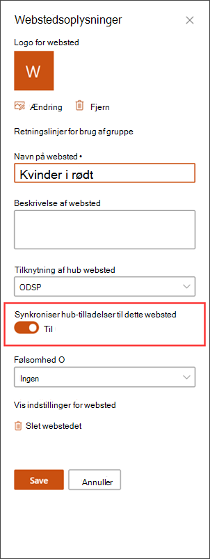 Indstillingen hub-tilladelser er slået til