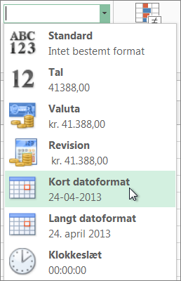 Kommandoen Kort datoformat i galleriet Talformat