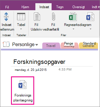 Skærmbillede af hvordan du vedhæfter en Visio-fil til en side i OneNote 2016.