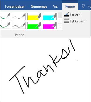 Viser et eksempel på håndskrevne ord i et Word-dokument