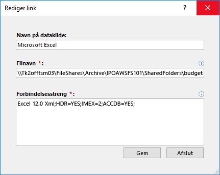 Dialogboksen Rediger kæde for en Excel-datakilde