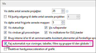 Indstillingen til automatisk tilføjelse af nye visninger, tabeller, filtre og grupper til global skabelon