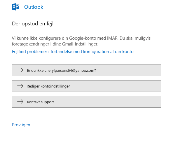 Noget gik galt under tilføjelse af en mailkonto til Outlook.