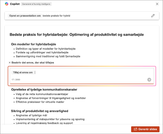 Skærmbillede af placeringen til at angive beskrivelsen af det emne, der blev tilføjet, da du brugte PowerPoint Copilot.