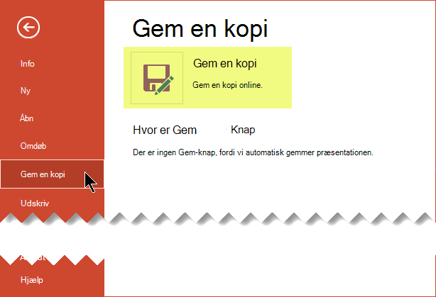 Kommandoen Gem en kopi gemmer filen online på OneDrive for Business eller SharePoint