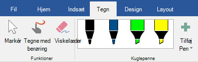 Penne og overstregningstuscher under fanen Tegn i Office 2019