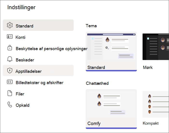 Skærmbillede af Teams-indstillinger fra en elevprofil. Apptilladelser er fremhævet.