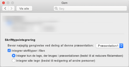 Brug Indstillinger for PowerPoint > til at slå skrifttypeintegrering til for filen