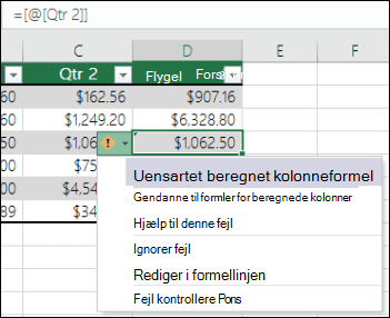 Inkonsekvent meddelelse om formelfejl i en Excel-tabel