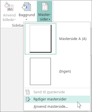 Skærmbillede af rullemenuen Rediger mastersider i Publisher.