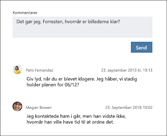 Skærmbillede af sektionen Kommentarer i en Planner-opgave