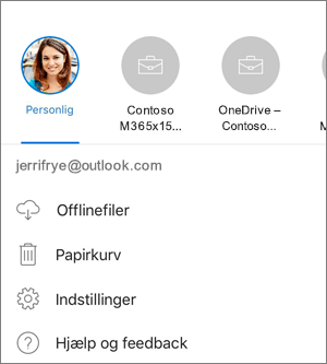 Skærmbillede af skift mellem konti i appen OneDrive i iOS