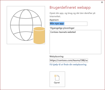 Dialogboksen Ny brugerdefineret webapp, der viser Contoso-teamwebstedet i feltet Tilgængelige placeringer.