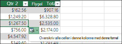 Indstilling til at overskrive eksisterende formler i en beregnet kolonne, når én formel adskiller sig fra resten