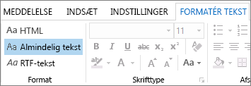 Indstillinger for meddelelsesformat under fanen Formatér tekst