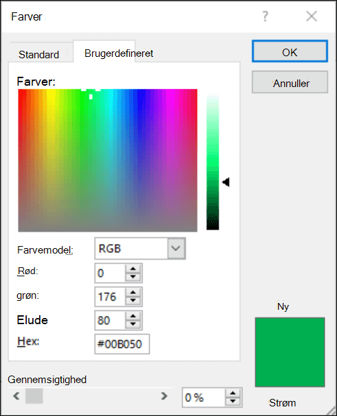 Farvevælger i Office apps. Under RGB-felterne er der et nyt felt til at angive hex-farveværdi.