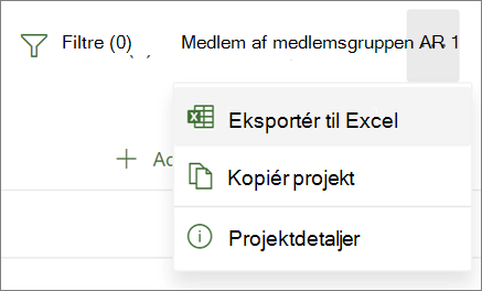 Skærmbillede af menuen i Project til internettet, der viser indstillingen Eksportér til Excel