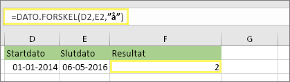 =DATO.FORSKEL(D2,E2,"y") og resultatet: 2