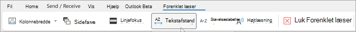 Skærmbillede af forenklet læser-båndet i skrivebordsversionen af Outlook. Indstillingerne fra venstre mod højre er kolonnebredde, sidefarve, linjefokus, tekstafstand, stavelser, læst højt, luk forenklet læser