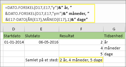 =DATo.FORSKEL(D17,E17,"y")&" år, "&DATO.FORSKEL(D17,E17,"ym")&" måneder, "&DATO.FORSKEL(D17,E17,"md")&" dage" og resultatet: 2 år, 4 måneder, 5 dage