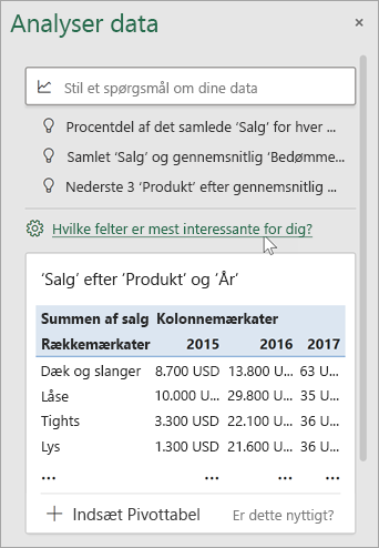 Ruden Analysér data med linket for at angive, hvilke felter der skal bruges.