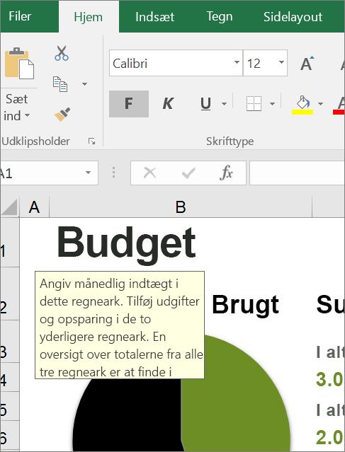 Skærmbillede af brugergrænsefladen i Excel, der viser indbygget vejledning