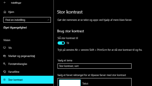 Slå stor kontrast til i Windows 10 Indstillinger app.