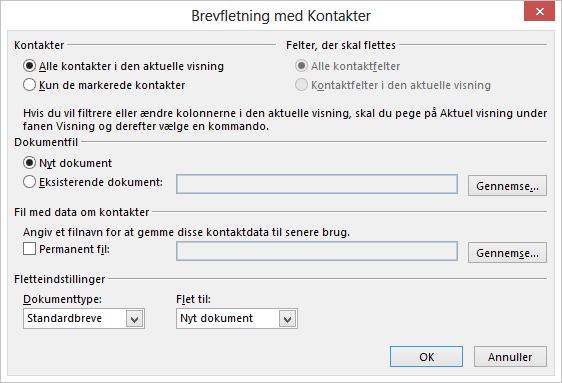 Klik på Brevfletning under fanen Hjem i mappen Kontakter for at starte en brevfletning