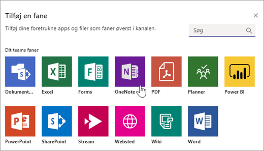 Tilføjelse af OneNote som en fane i et team.