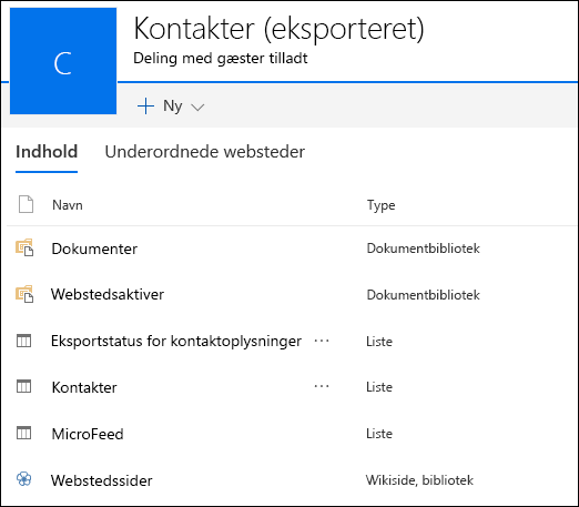 Underordnet SharePoint-side, der indeholder lister fra eksporterede Access-webapps