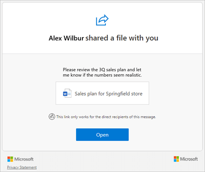 En mail, der angiver, at en fil er blevet delt med dig, og som indeholder en knap til at åbne filen.