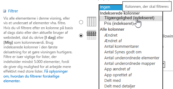 Vælg et indekseret felt i SharePoint Online