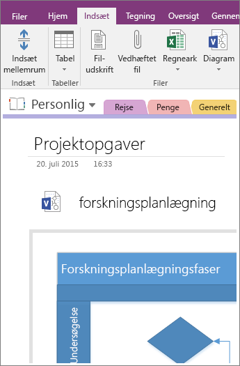 Skærmbillede af hvordan du tilføjer et eksisterende Visio-diagram i OneNote 2016.