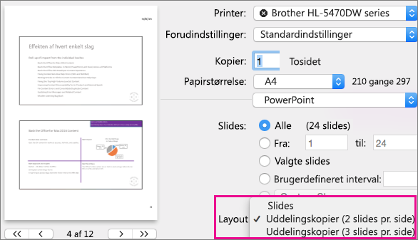 PowerPoint til Mac Forhåndsvisning af uddelingskopier til udskrivning