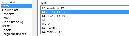 Dialogboksen Formatér celler, kommandoen Dato, 14/03/12 13:30-type