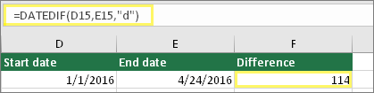 Celle D15 med 1/1/2016, celle E15 med 4/24/2016, celle F15 med formel: =DATO.FORSKEL(D15,E15,"d") og resultatet af 114