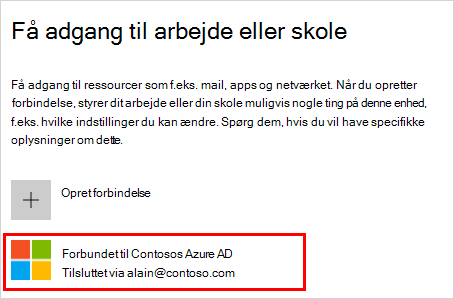 Skærmbillede, der viser vinduet "Adgang til arbejde eller skole", hvor kontoen "Forbundet med (din organisation) Azure AD" er valgt