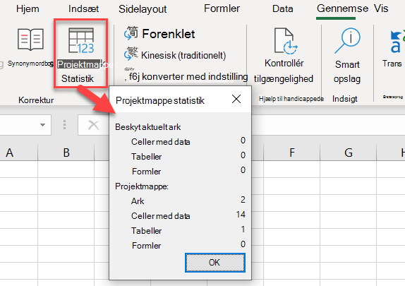 Dialogboksen projektmappe statistik