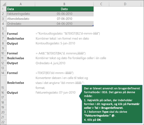 Eksempler på, hvordan formler kan kombinere tekst med dato- og klokkeslætsværdier