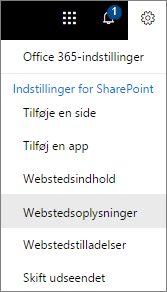 Menuen Indstillinger med Webstedsoplysninger markeret