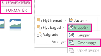 Knappen Omgrupper under fanen Formatér under Billedværktøjer