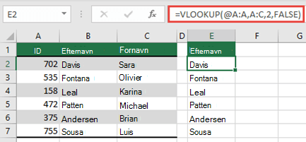 Brug operatoren @ og kopiér ned: =VLOOKUP(@A:A,A:C,2,FALSE). Denne referencetype fungerer i tabeller, men returnerer ikke en dynamisk matrix.