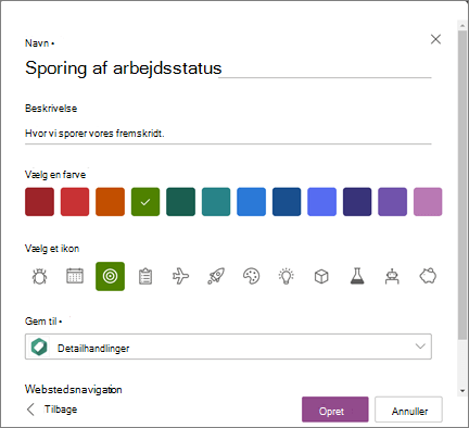 Skærmbillede af indtastning af et listenavn og valg af et SharePoint-websted som den placering, hvor en liste skal gemmes, når du opretter en liste