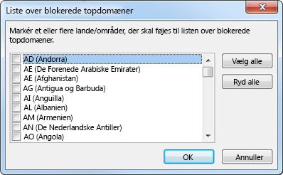 Dialogboksen Liste over blokerede topdomæner