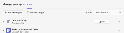 Knappen Vis opdatering under fanen Apps på siden Administrer dine apps i Microsoft Teams